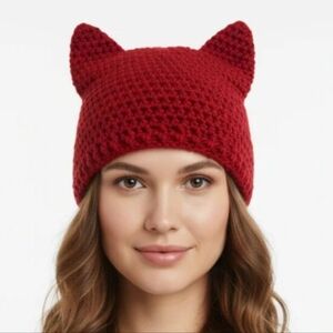 Cat Hat, Cat Beanie, Red PussyCat Beanie, Cat Lady Hat, Halloween Hat, Crochet